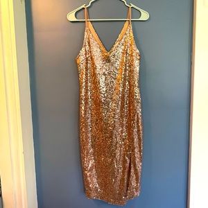 Rose gold sequin spaghetti strap midi v neck dress - Small